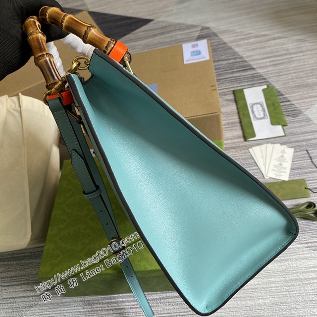 Gucci新款包包 古馳新款竹節手提包 霓虹色扣帶 Gucci蘭色全皮大號托特包 655658  ydg3185
